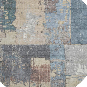 HomeRoots 8' Beige and Blue Abstract Round Rug - Stylish, Washable, UV-Protected for High-Traffic Areas 706232