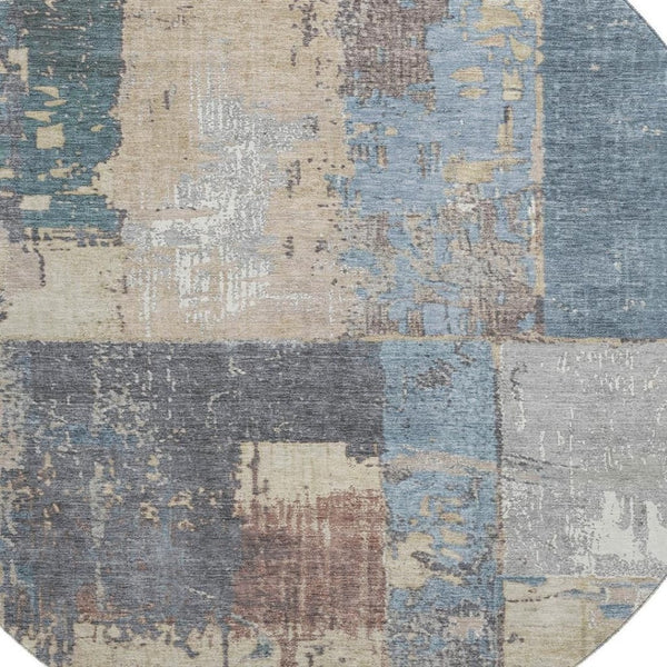 HomeRoots 8' Beige and Blue Abstract Round Rug - Stylish, Washable, UV-Protected for High-Traffic Areas 706232