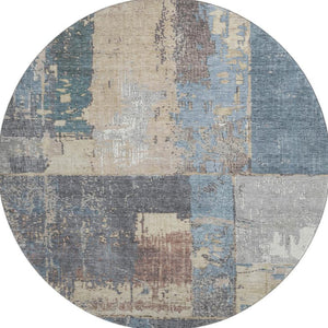HomeRoots 8' Beige and Blue Abstract Round Rug - Stylish, Washable, UV-Protected for High-Traffic Areas 706232
