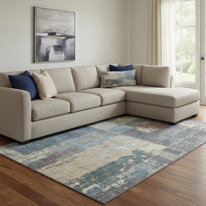 HomeRoots 8' X 10' Beige and Blue Abstract Washable Area Rug - UV Protected, Stain Resistant, Modern Design 706233