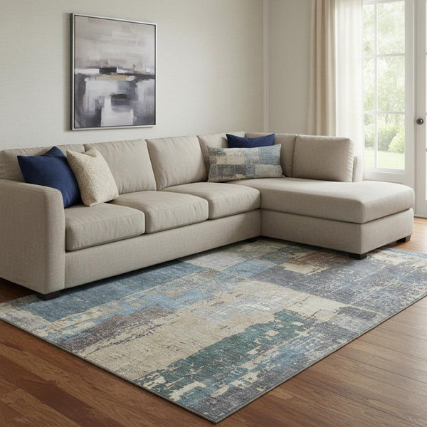 HomeRoots 8' X 10' Beige and Blue Abstract Washable Area Rug - UV Protected, Stain Resistant, Modern Design 706233