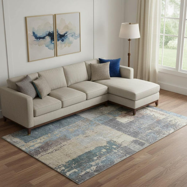 HomeRoots 9' X 12' Beige and Blue Abstract Area Rug - Washable, UV-Protected, Stain-Resistant, Stylish Design! 706234