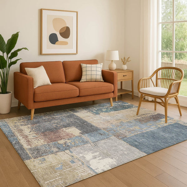 HomeRoots 9' X 12' Beige and Blue Abstract Area Rug - Washable, UV-Protected, Stain-Resistant, Stylish Design! 706234