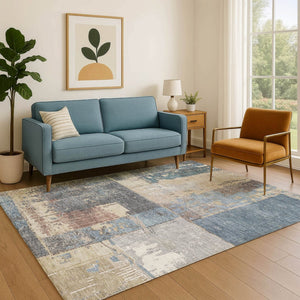 HomeRoots 9' X 12' Beige and Blue Abstract Area Rug - Washable, UV-Protected, Stain-Resistant, Stylish Design! 706234