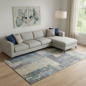 HomeRoots 10' Beige and Blue Abstract Washable Area Rug - UV Protection, Stain Resistant, Perfect for Families! 706235