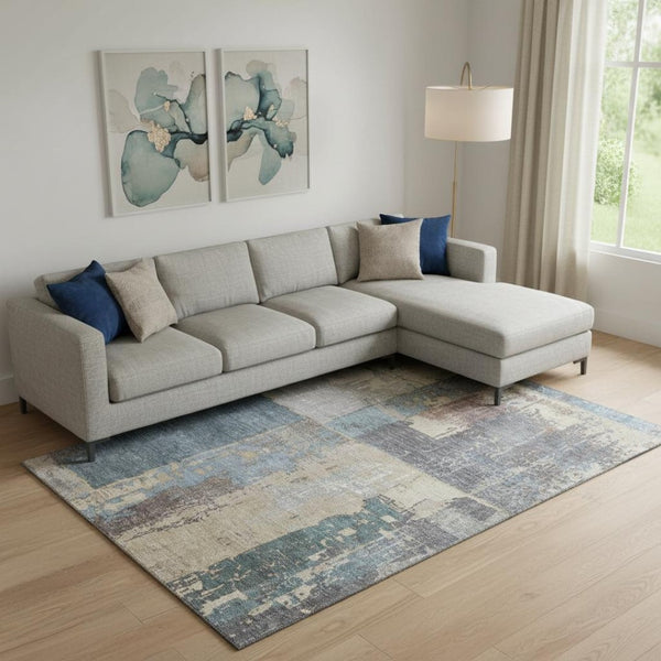 HomeRoots 10' Beige and Blue Abstract Washable Area Rug - UV Protection, Stain Resistant, Perfect for Families! 706235