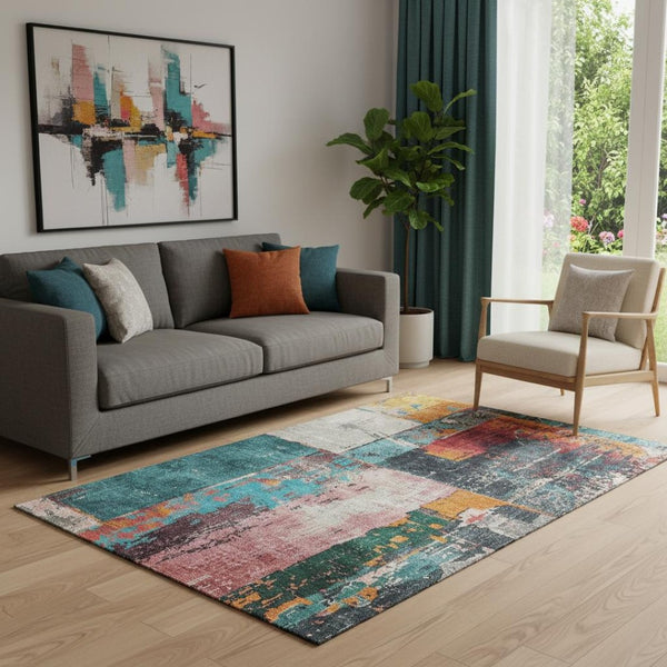 HomeRoots 5' X 8' Abstract Teal, Orange & Pink Area Rug - Washable, UV Protected, Durable for Kids & Pets 706237