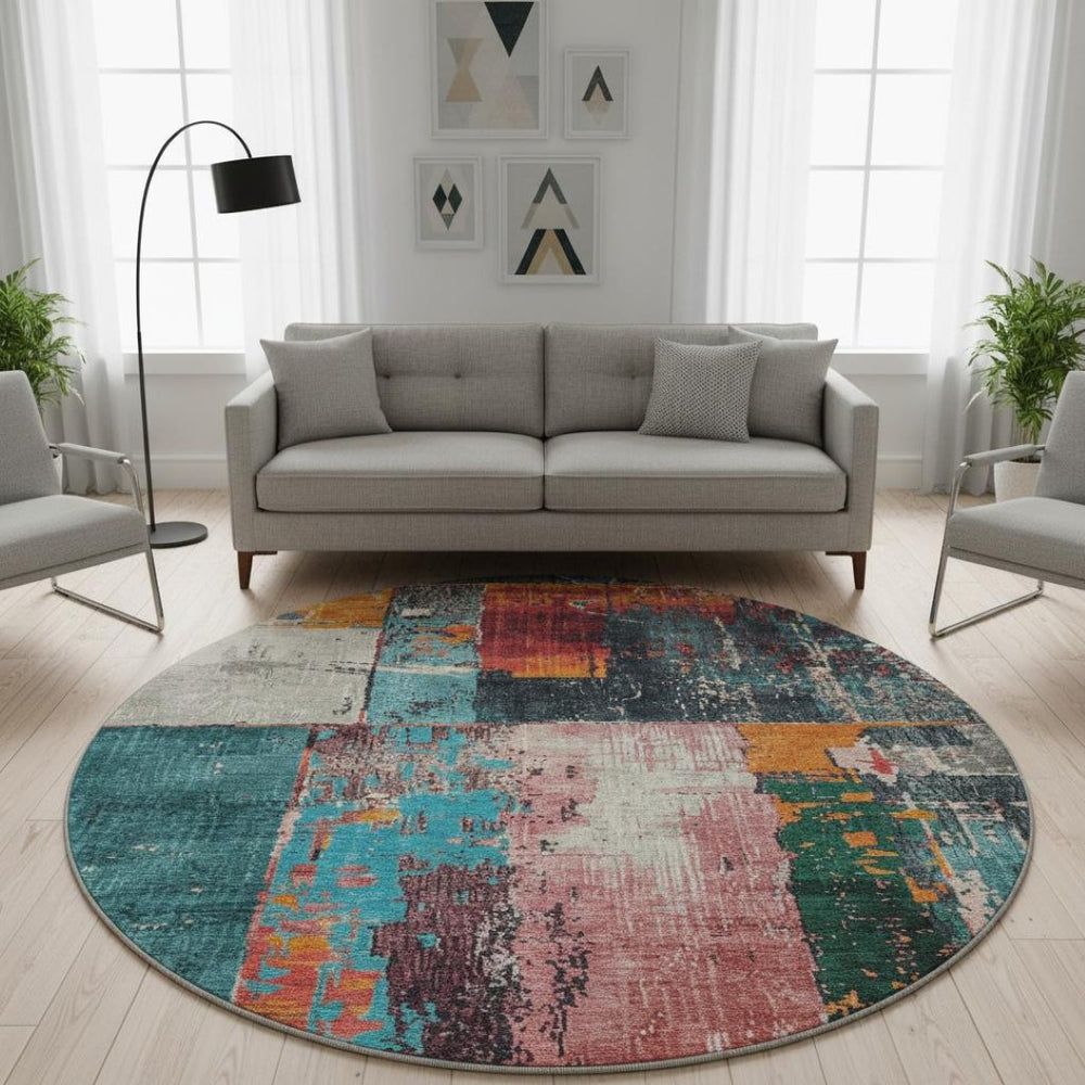 HomeRoots 8' Vibrant Teal, Orange & Pink Abstract Round Rug - Washable, UV Protected, Non-Slip Design for All Spaces 706238