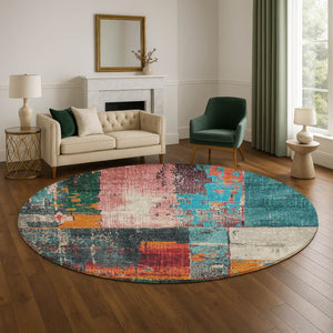 HomeRoots 8' Vibrant Teal, Orange & Pink Abstract Round Rug - Washable, UV Protected, Non-Slip Design for All Spaces 706238