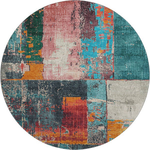 HomeRoots 8' Vibrant Teal, Orange & Pink Abstract Round Rug - Washable, UV Protected, Non-Slip Design for All Spaces 706238