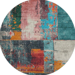 HomeRoots 8' Vibrant Teal, Orange & Pink Abstract Round Rug - Washable, UV Protected, Non-Slip Design for All Spaces 706238