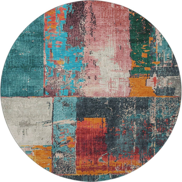 HomeRoots 8' Vibrant Teal, Orange & Pink Abstract Round Rug - Washable, UV Protected, Non-Slip Design for All Spaces 706238