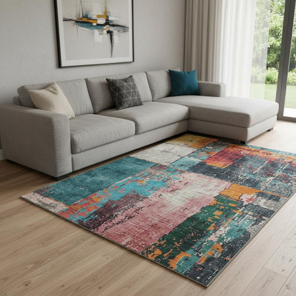 HomeRoots 8' X 10' Vibrant Teal, Orange & Pink Abstract Area Rug – Washable, UV Protected & Stain Resistant! 706239
