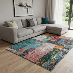 HomeRoots 8' X 10' Vibrant Teal, Orange & Pink Abstract Area Rug – Washable, UV Protected & Stain Resistant! 706239