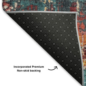 HomeRoots 9' X 12' Vibrant Teal, Orange & Pink Abstract Washable Area Rug with UV Protection & Non-Slip Backing 706240