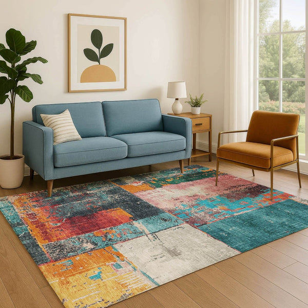 HomeRoots 9' X 12' Vibrant Teal, Orange & Pink Abstract Washable Area Rug with UV Protection & Non-Slip Backing 706240