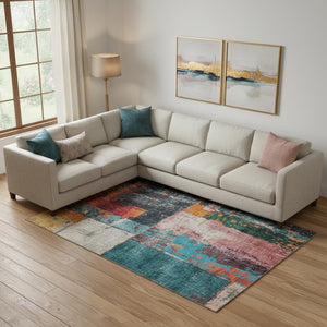 HomeRoots 10' X 14' Vibrant Teal, Orange & Pink Abstract Washable Area Rug with UV Protection for Homes 706241