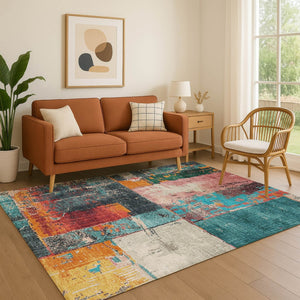 HomeRoots 10' X 14' Vibrant Teal, Orange & Pink Abstract Washable Area Rug with UV Protection for Homes 706241