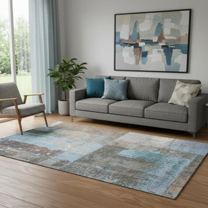HomeRoots 5' X 8' Abstract Washable Area Rug in Taupe, Blue & Ivory - Stain Resistant with UV Protection! 706243