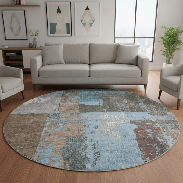 HomeRoots 8' Taupe Blue and Ivory Abstract Round Rug - Washable, UV Protected, Stylish & Durable for Any Space 706244