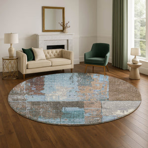 HomeRoots 8' Taupe Blue and Ivory Abstract Round Rug - Washable, UV Protected, Stylish & Durable for Any Space 706244