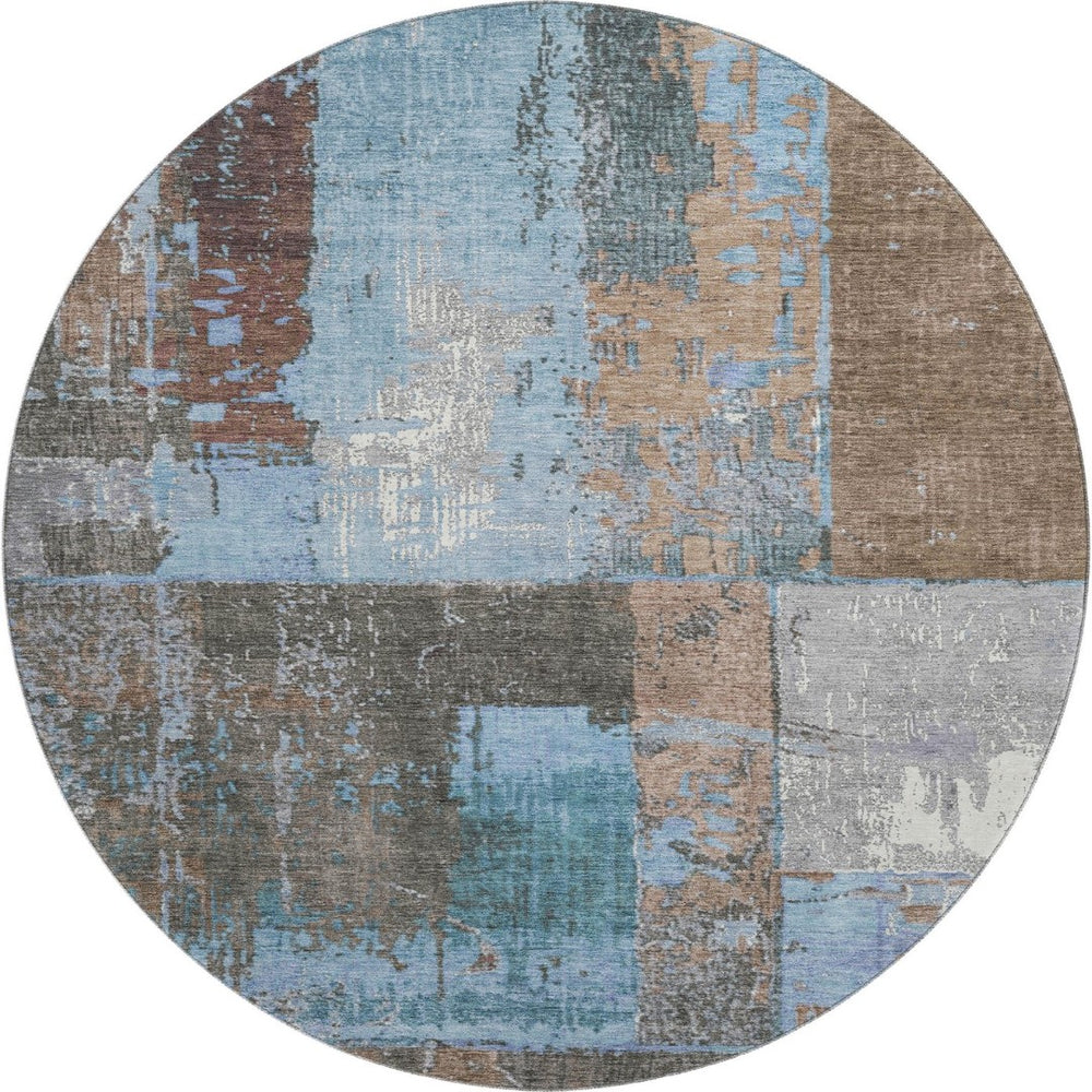 HomeRoots 8' Taupe Blue and Ivory Abstract Round Rug - Washable, UV Protected, Stylish & Durable for Any Space 706244