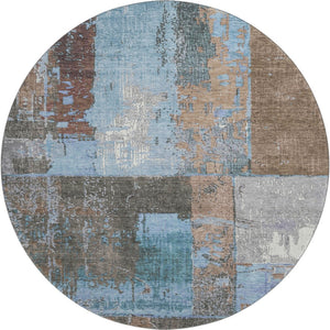 HomeRoots 8' Taupe Blue and Ivory Abstract Round Rug - Washable, UV Protected, Stylish & Durable for Any Space 706244
