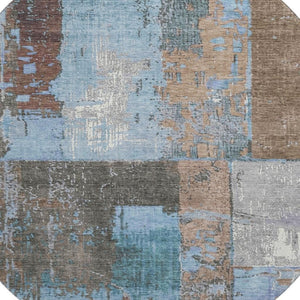 HomeRoots 8' Taupe Blue and Ivory Abstract Round Rug - Washable, UV Protected, Stylish & Durable for Any Space 706244