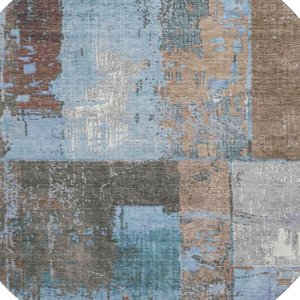 HomeRoots 8' Taupe Blue and Ivory Abstract Round Rug - Washable, UV Protected, Stylish & Durable for Any Space 706244