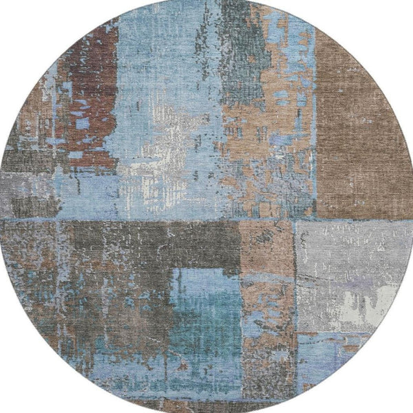 HomeRoots 8' Taupe Blue and Ivory Abstract Round Rug - Washable, UV Protected, Stylish & Durable for Any Space 706244