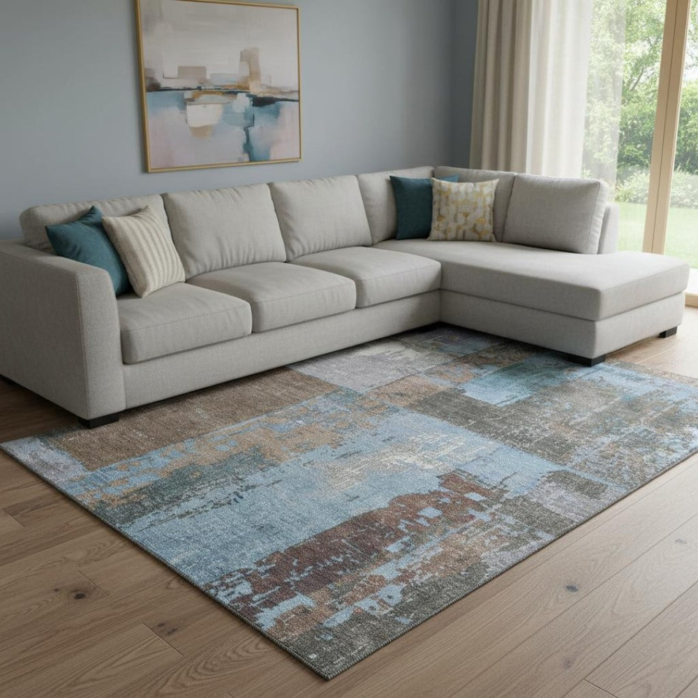 HomeRoots 8' X 10' Abstract Taupe Blue Ivory Washable Area Rug with UV Protection for Stylish Spaces 706245