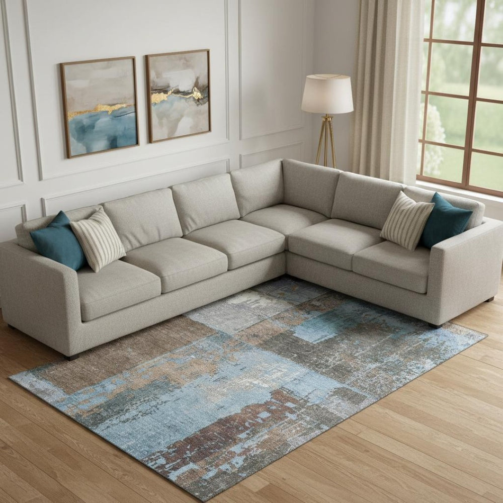 HomeRoots 9' X 12' Abstract Taupe Blue Ivory Washable Area Rug with UV Protection for High-Traffic Spaces 706246