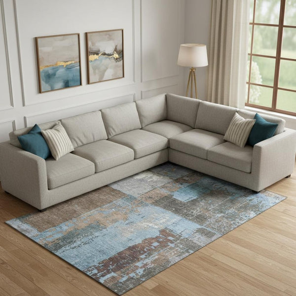 HomeRoots 9' X 12' Abstract Taupe Blue Ivory Washable Area Rug with UV Protection for High-Traffic Spaces 706246