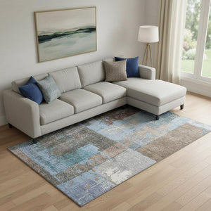 HomeRoots 10' X 14' Washable Abstract Area Rug in Taupe, Blue & Ivory – UV Protected, Durable and Stylish! 706247
