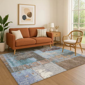 HomeRoots 10' X 14' Washable Abstract Area Rug in Taupe, Blue & Ivory – UV Protected, Durable and Stylish! 706247