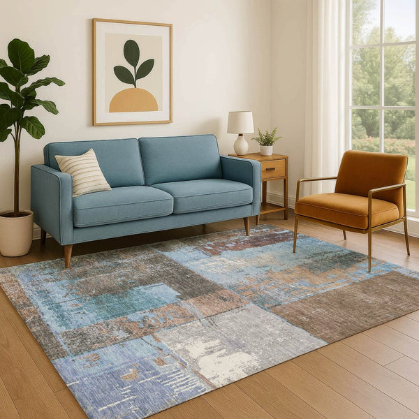 HomeRoots 10' X 14' Washable Abstract Area Rug in Taupe, Blue & Ivory – UV Protected, Durable and Stylish! 706247