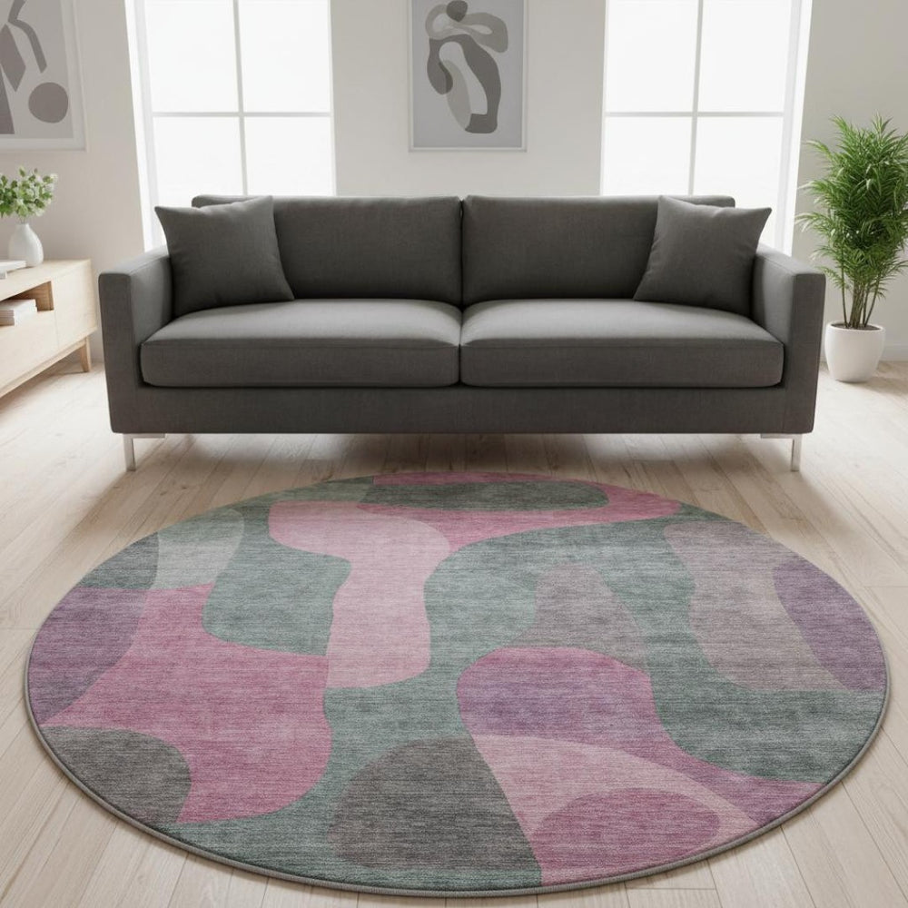 HomeRoots 8' Blush and Sage Abstract Washable Round Rug - Durable, Stylish, UV Protected for High-Traffic Areas 706250