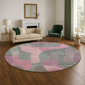 HomeRoots 8' Blush and Sage Abstract Washable Round Rug - Durable, Stylish, UV Protected for High-Traffic Areas 706250