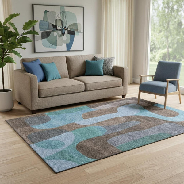 HomeRoots 5' X 8' Brown And Blue Abstract Washable Area Rug - UV Protected, Stain Resistant, Modern Design! 706255