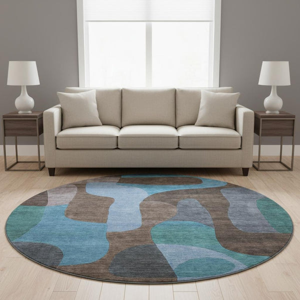 HomeRoots 8' Brown and Blue Abstract Area Rug - UV Protected, Washable, Non-Slip, Pet-Friendly Design! 706256