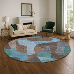 HomeRoots 8' Brown and Blue Abstract Area Rug - UV Protected, Washable, Non-Slip, Pet-Friendly Design! 706256