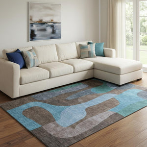 HomeRoots 8' X 10' Abstract Washable Area Rug in Brown & Blue - UV Protected, Durable, Stylish & Non-Slip Design 706257