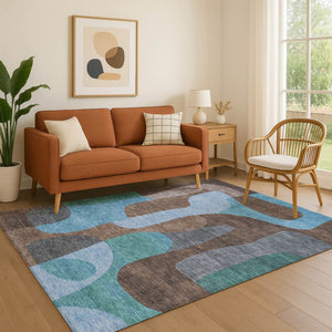 HomeRoots 8' X 10' Abstract Washable Area Rug in Brown & Blue - UV Protected, Durable, Stylish & Non-Slip Design 706257