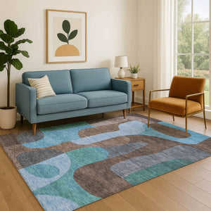 HomeRoots 8' X 10' Abstract Washable Area Rug in Brown & Blue - UV Protected, Durable, Stylish & Non-Slip Design 706257