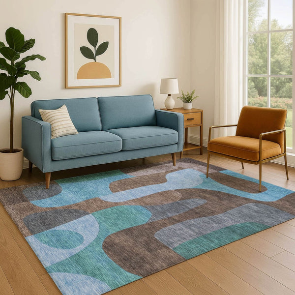 HomeRoots 8' X 10' Abstract Washable Area Rug in Brown & Blue - UV Protected, Durable, Stylish & Non-Slip Design 706257