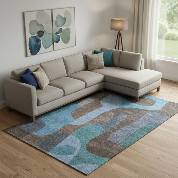 HomeRoots 9' X 12' Brown and Blue Abstract Washable Area Rug with UV Protection for High-Traffic Spaces 706258