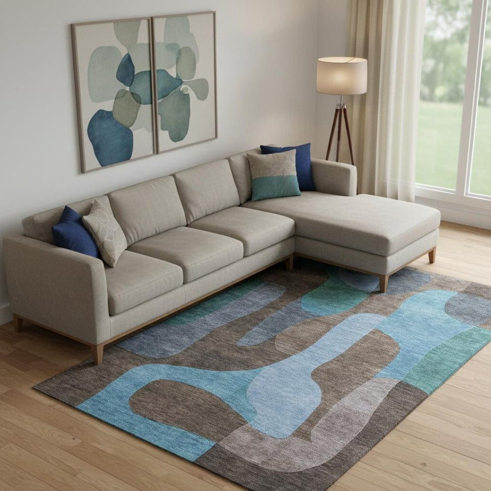 HomeRoots 10' X 14' Brown And Blue Abstract Washable Area Rug - Durable, Stylish, UV Protected for High Traffic Areas 706259