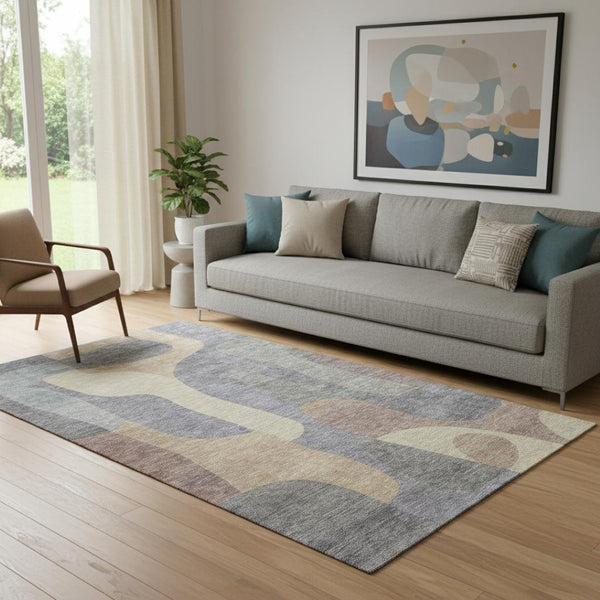 HomeRoots 5' X 8' Abstract Gray Wheat Beige Area Rug - Washable, UV Protected, Stain-Resistant, Modern Design 706261