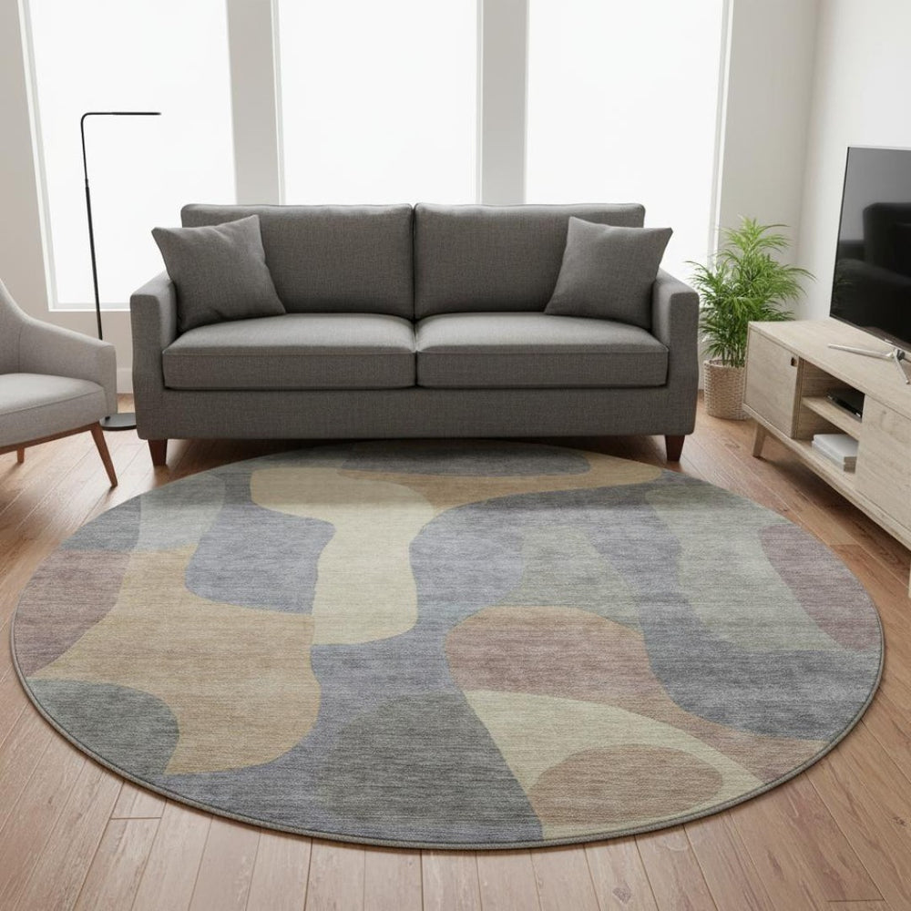 HomeRoots 8' Gray-Wheat and Beige Abstract Round Rug - Washable, UV-Resistant, Durable for Busy Homes 706262