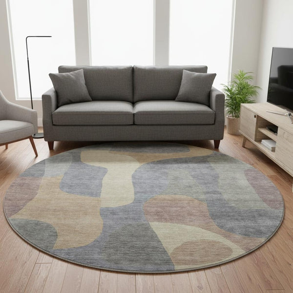 HomeRoots 8' Gray-Wheat and Beige Abstract Round Rug - Washable, UV-Resistant, Durable for Busy Homes 706262